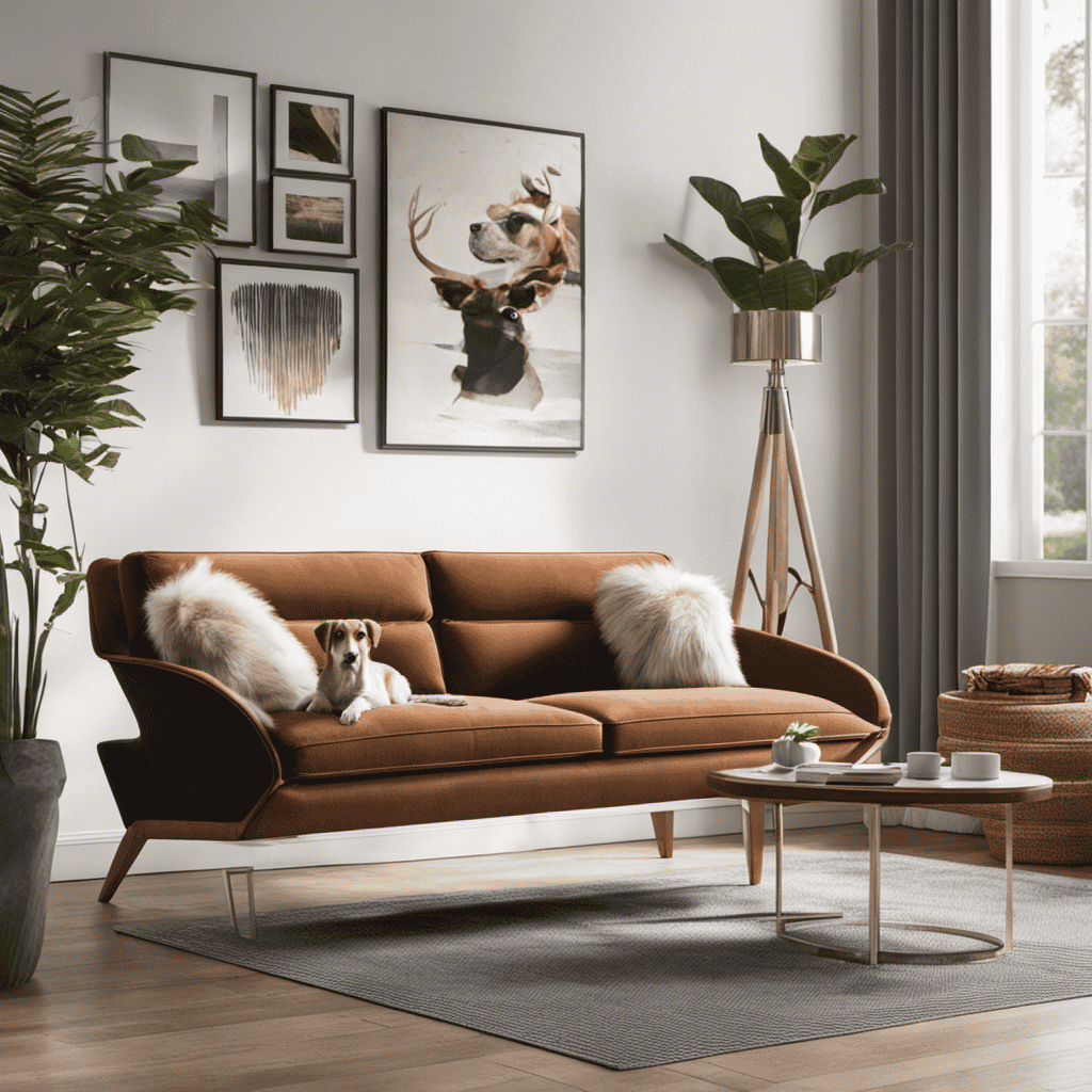 An image showcasing a cozy living room with a furry pet lounging comfortably on a sofa