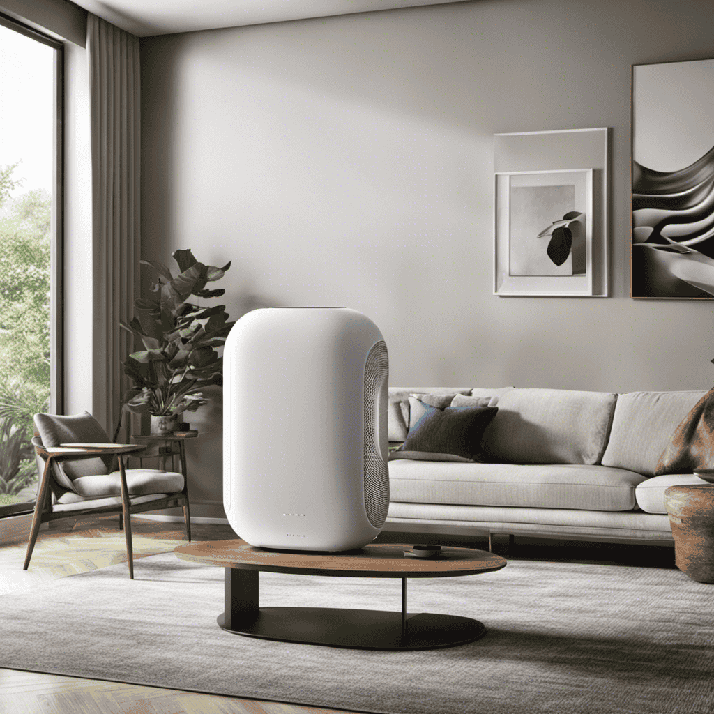 An image that showcases a sleek, modern air purifier in a spacious living room, surrounded by clean, fresh air