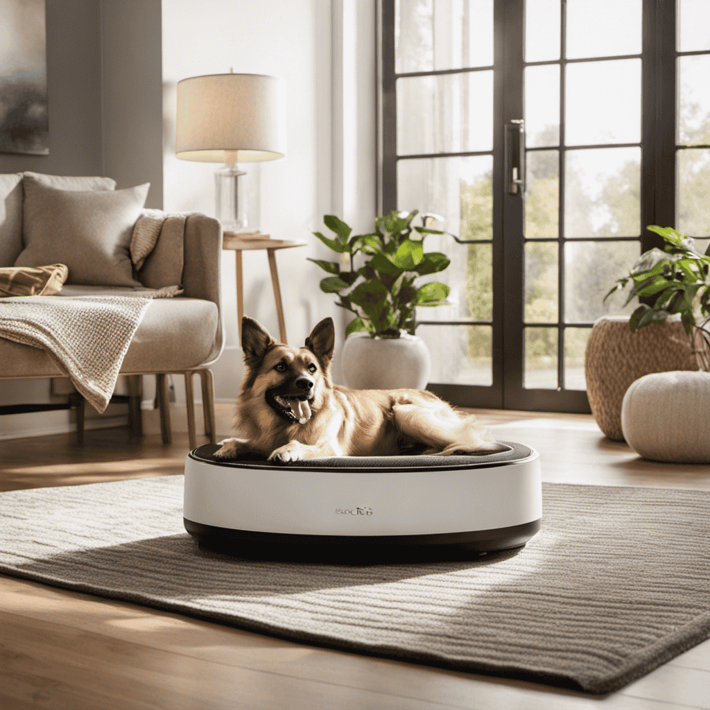 An image showcasing a spacious living room with a sleek, modern air purifier subtly placed near a cozy dog bed, capturing a serene atmosphere