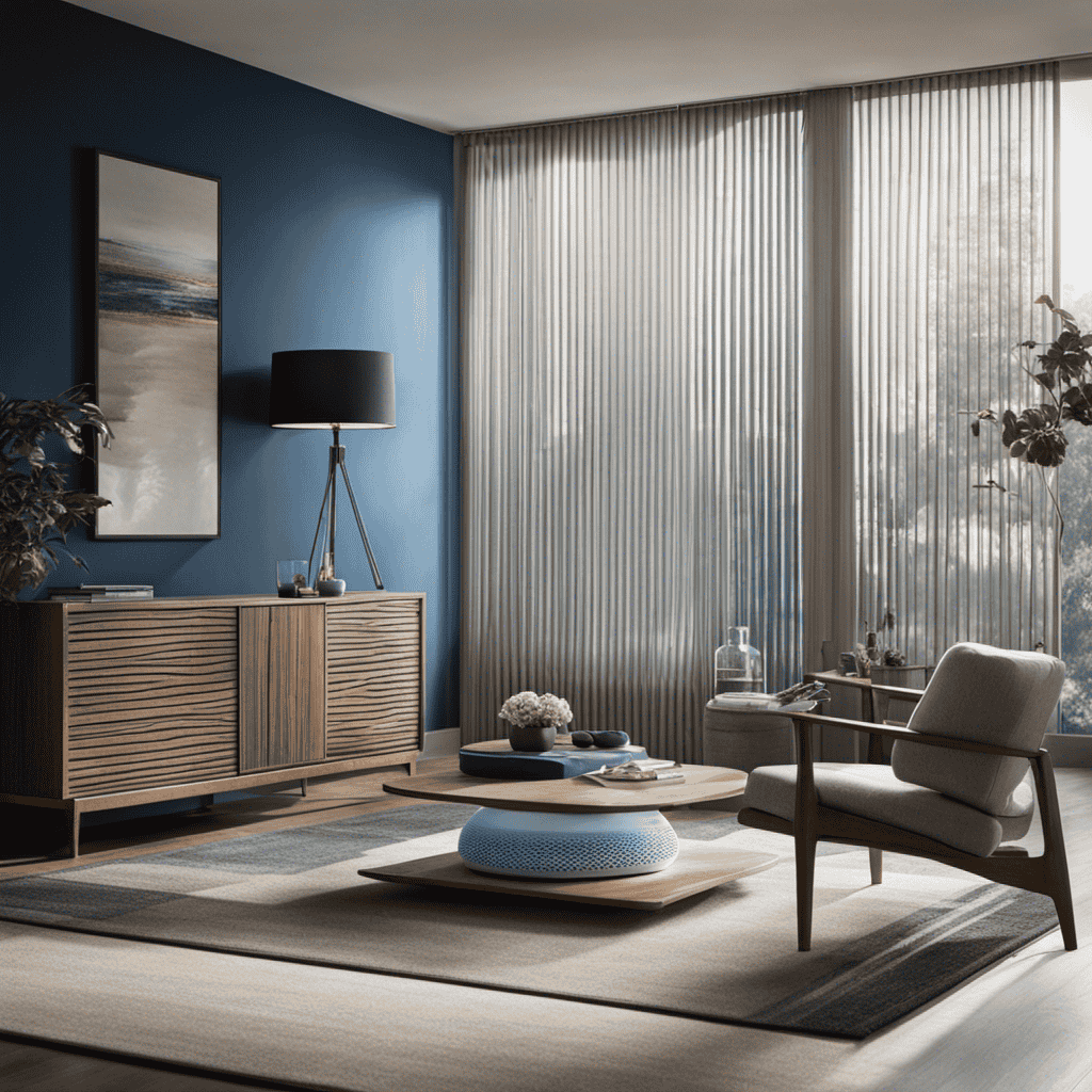An image showcasing a serene living room with a Blue Air Purifier placed on a shelf near a window