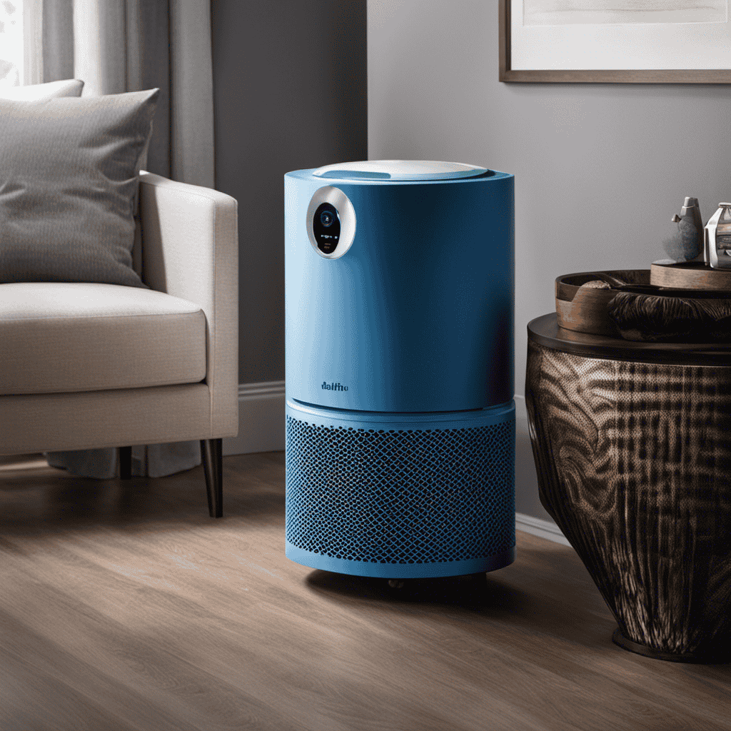 An image showcasing a Blue Air Purifier with its filter covered in a thick layer of dust, indicating the need for a filter change