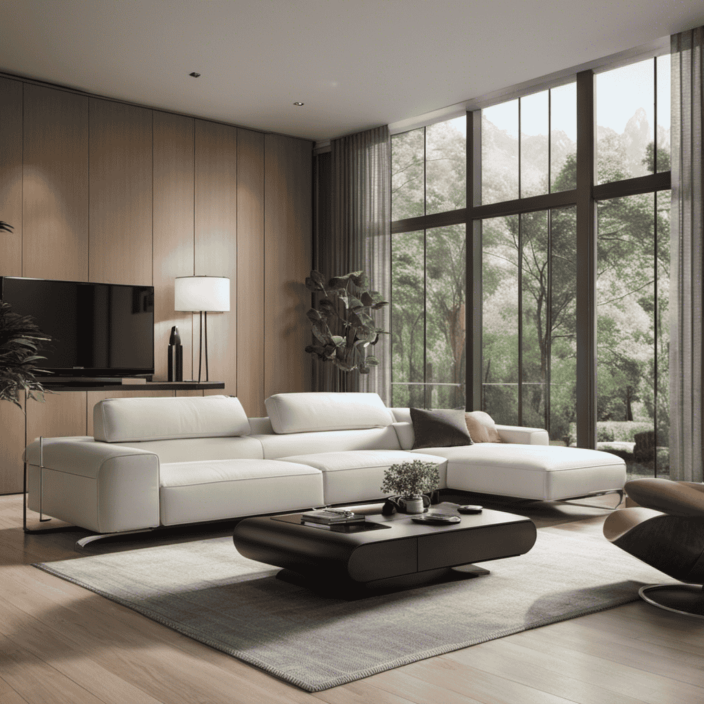 An image showcasing a sleek, modern living room with soft natural light filtering through large windows, while a Cadr Rating Air Purifier effortlessly removes airborne pollutants, ensuring a pristine and healthy environment