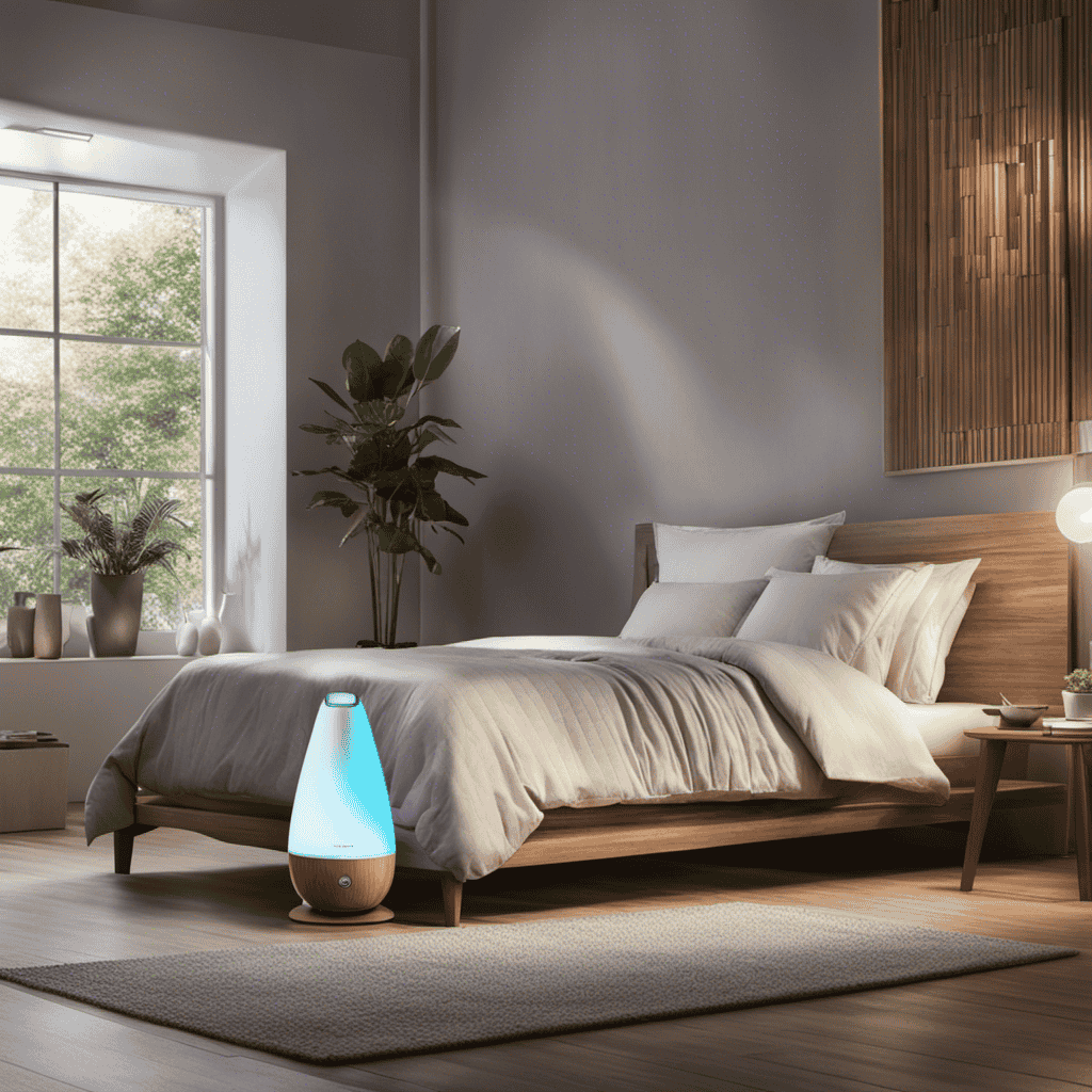 An image of a cozy bedroom with a humidifier and an air purifier placed side by side on a bedside table