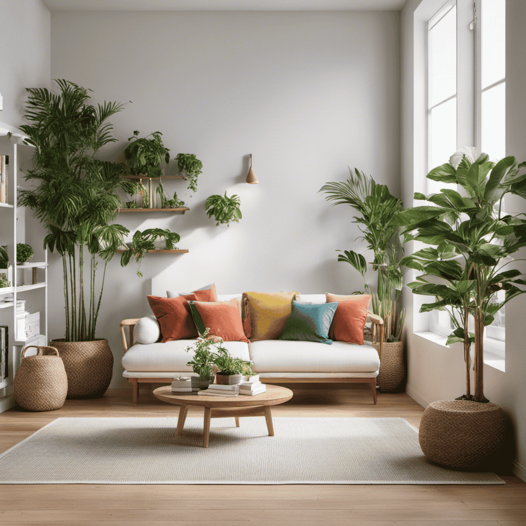 An image showcasing a spacious, well-lit room with vibrant plants, a cozy reading nook, and an ozone air purifier subtly blending into the decor