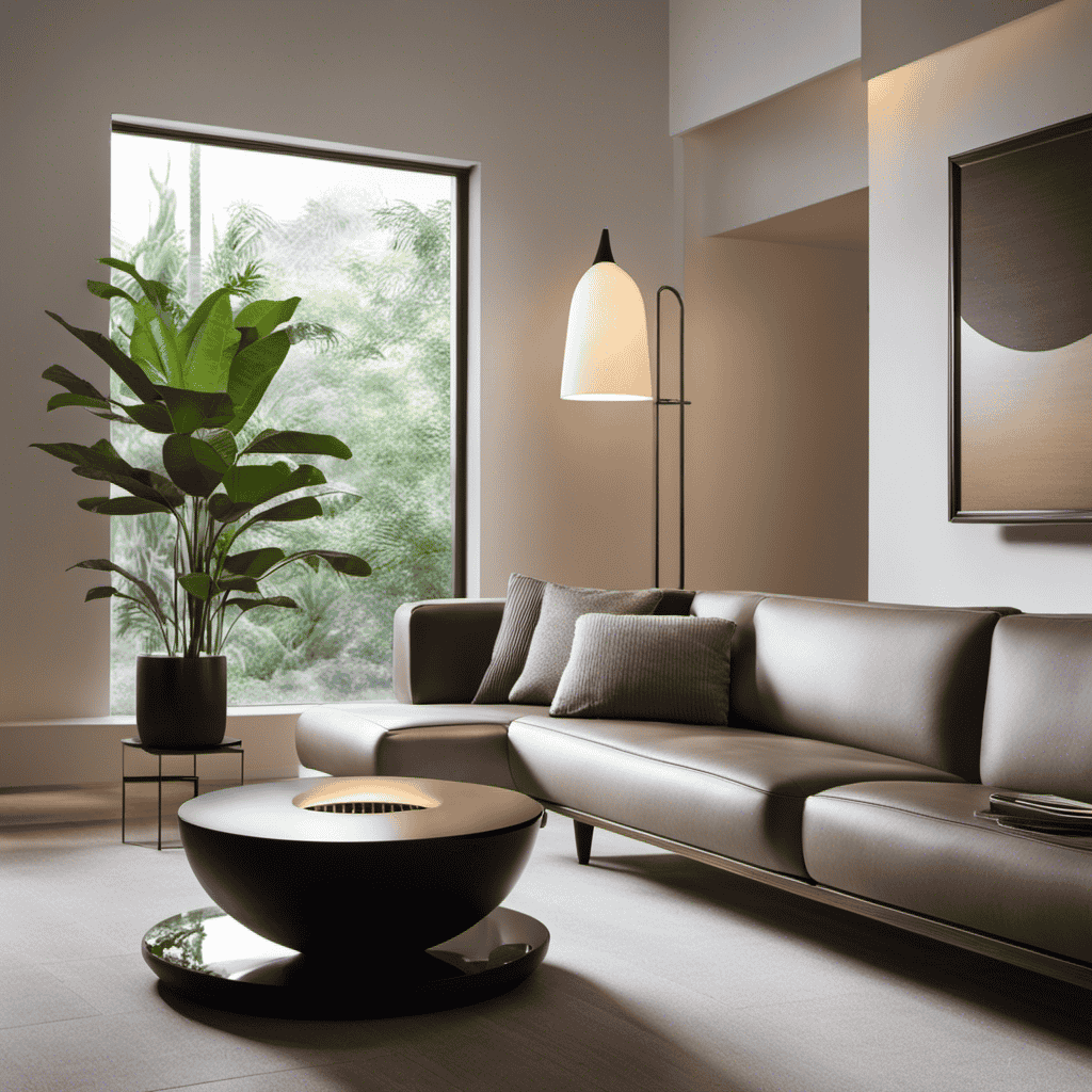 An image showcasing a serene and minimalist living room setup with a sleek water air purifier placed adjacent to a closed water bowl