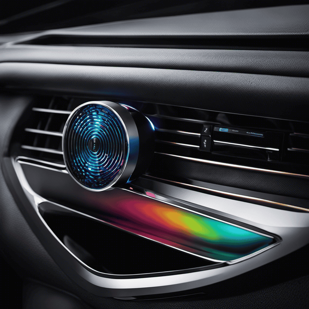 An image showcasing a close-up of a sleek car air purifier, with vibrant colors and a modern design, available for purchase, blending seamlessly into a car's interior