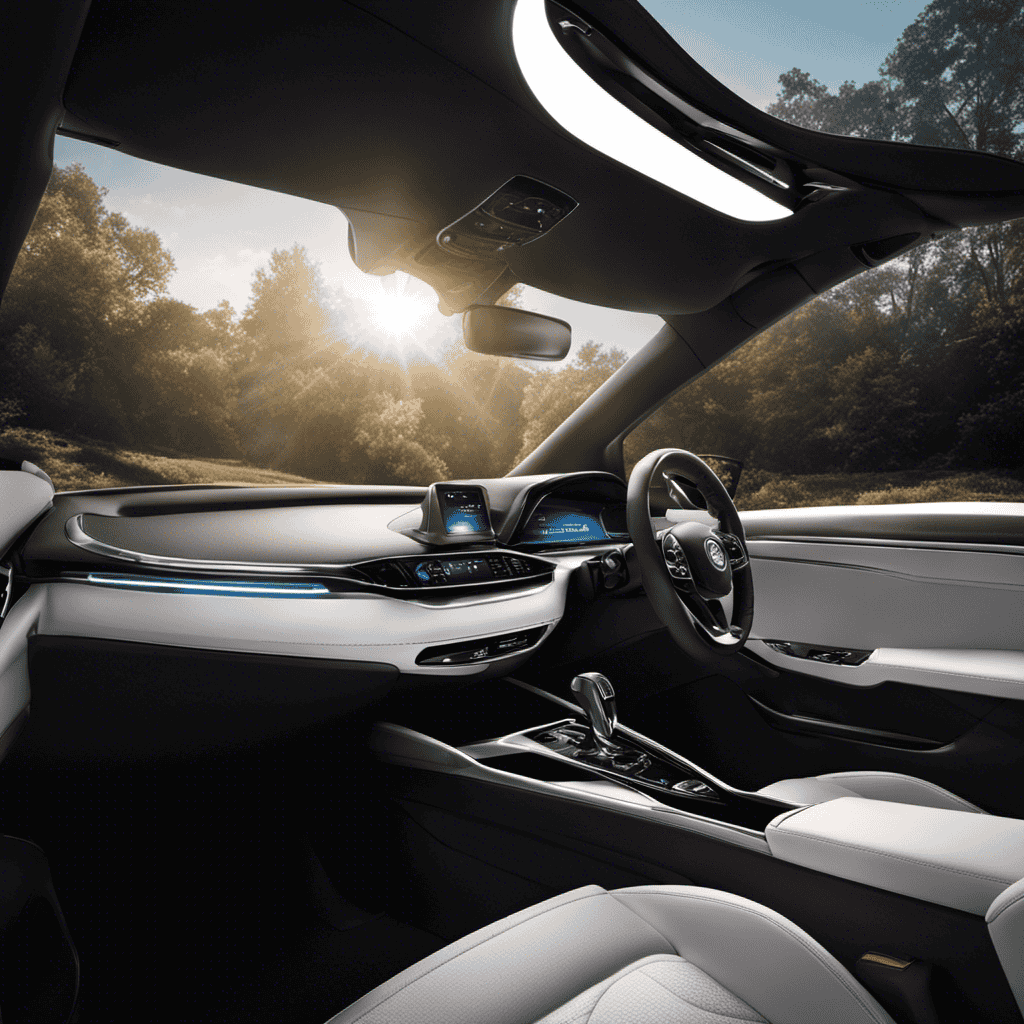 An image showcasing a sleek car interior with rays of light filtering through pristine air