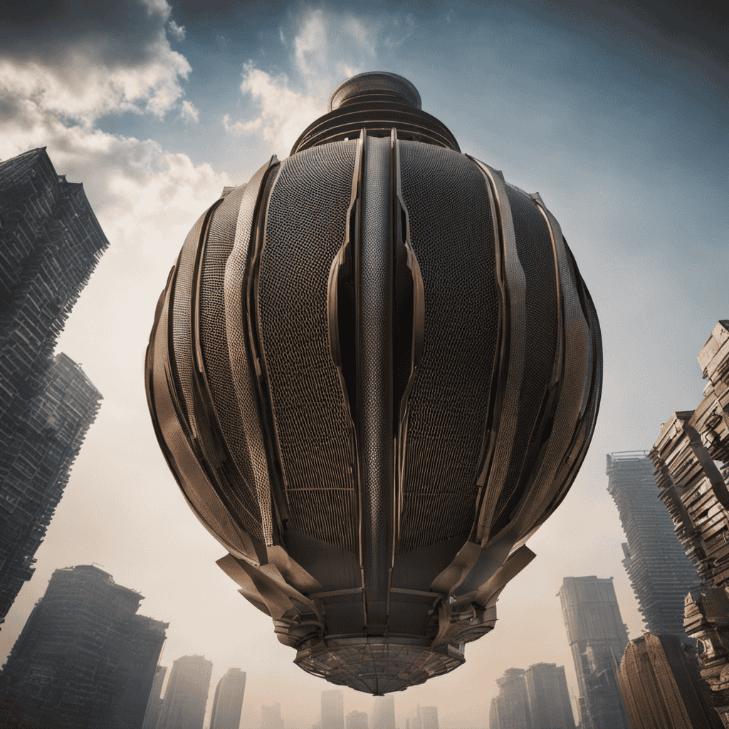 An image capturing the colossal Xian air purifier towering at 323 feet, adorned with sleek metallic structures, its intricate network of massive filters visibly purifying the surrounding smog, offering a glimpse of hope for cleaner skies