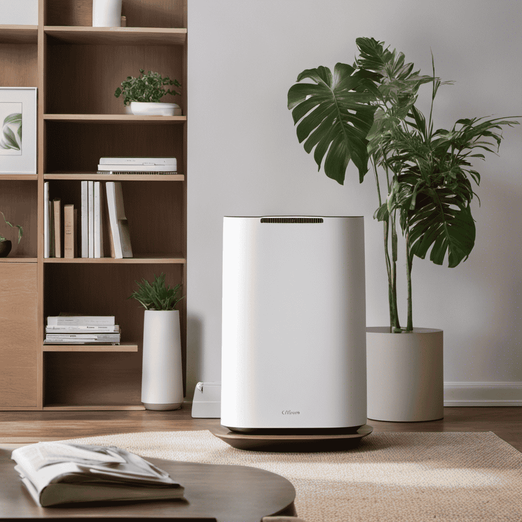 An image showcasing the sleek design of the Clarifion Air Purifier, displayed on a modern, minimalist shelf in a well-lit living room