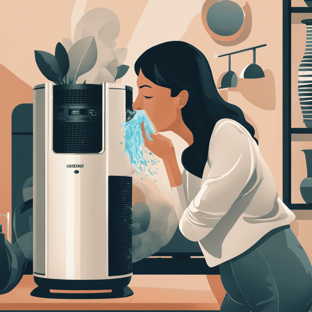 An image that depicts a person holding their nose in disgust while standing beside an air purifier