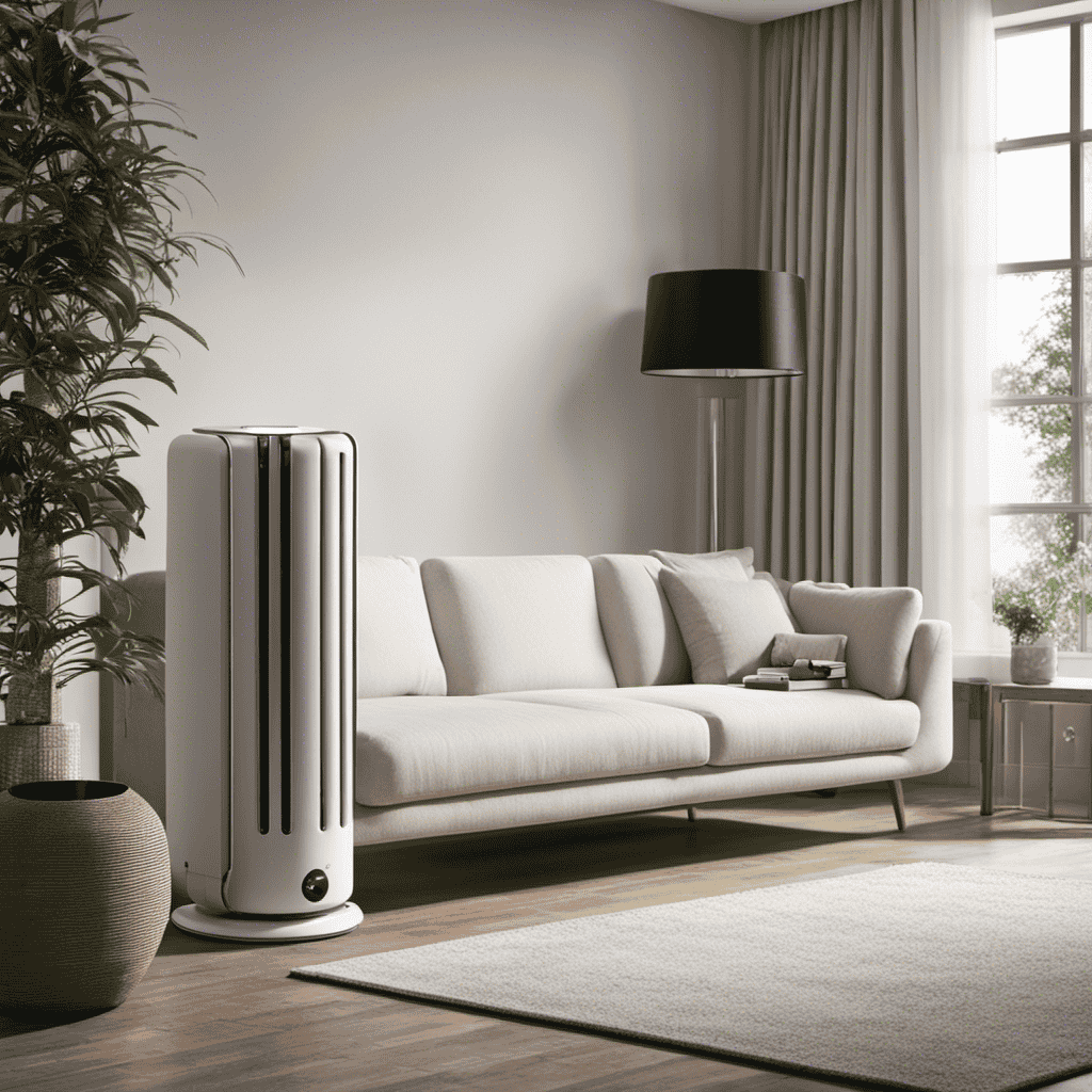 An image depicting an air purifier placed in a room, surrounded by polluted air outside