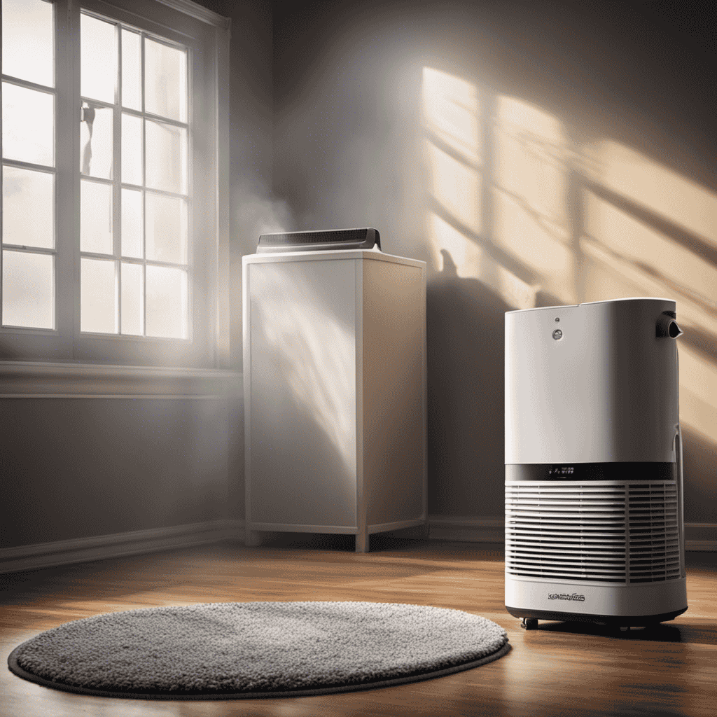 An image showing an air purifier placed beside a dusty room, emphasizing neglected cleaning tools, dirty surfaces, and a neglected vacuum cleaner in the background, highlighting the misconception that air purifiers replace regular cleaning and maintenance