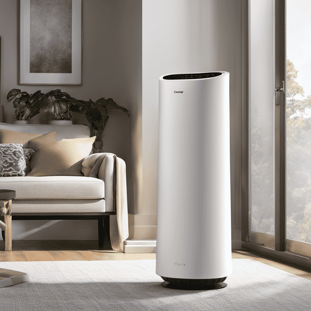 An image showcasing a clean, white Coway air purifier with its front panel open, revealing a dusty filter that needs changing