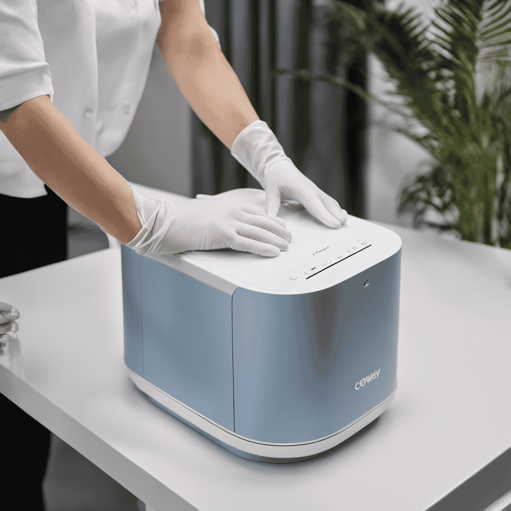 An image showcasing a pair of gloved hands meticulously disassembling a Coway Air Purifier