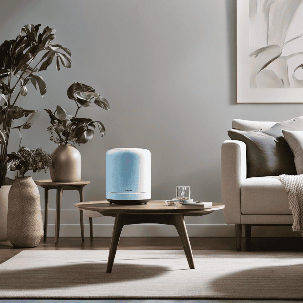 An image showcasing a serene living room with a Coway Air Purifier placed on a coffee table