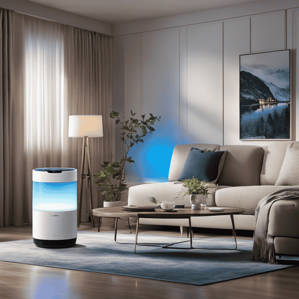 An image showcasing a serene living room with a Coway Air Purifier in the corner, emitting vibrant blue ionizer lights that delicately disperse purified air, capturing the essence of freshness and tranquility
