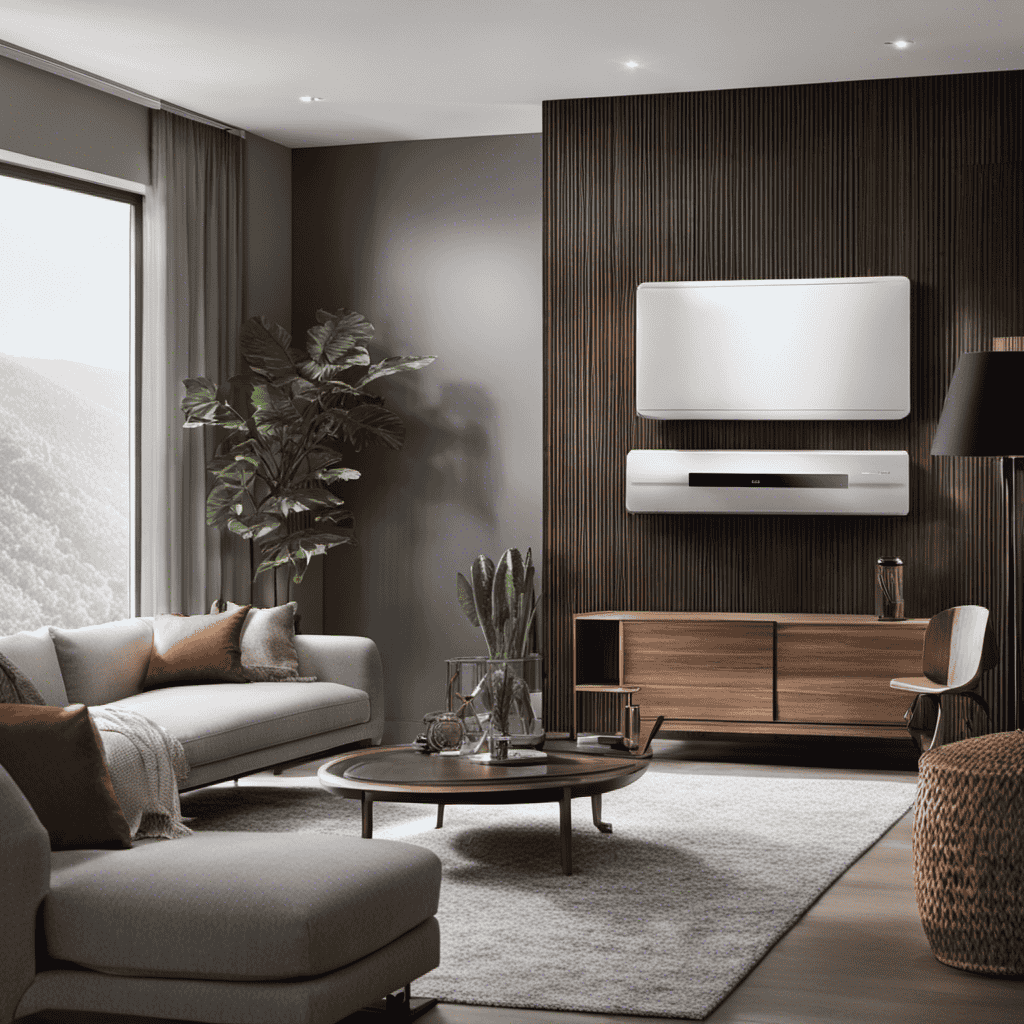 An image showcasing a clean, modern living room with a Defender Air Purifier prominently displayed