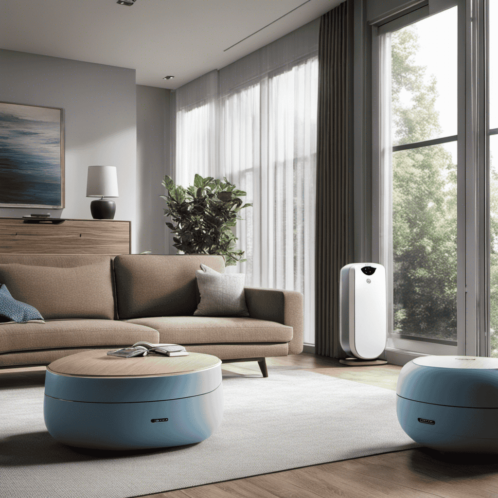 An image showcasing a sleek, modern dehumidifier air purifier in a living room