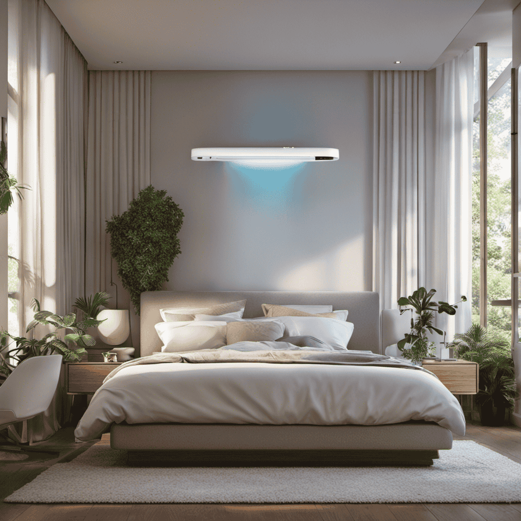 An image depicting a serene bedroom scene with an air purifier placed near a bed