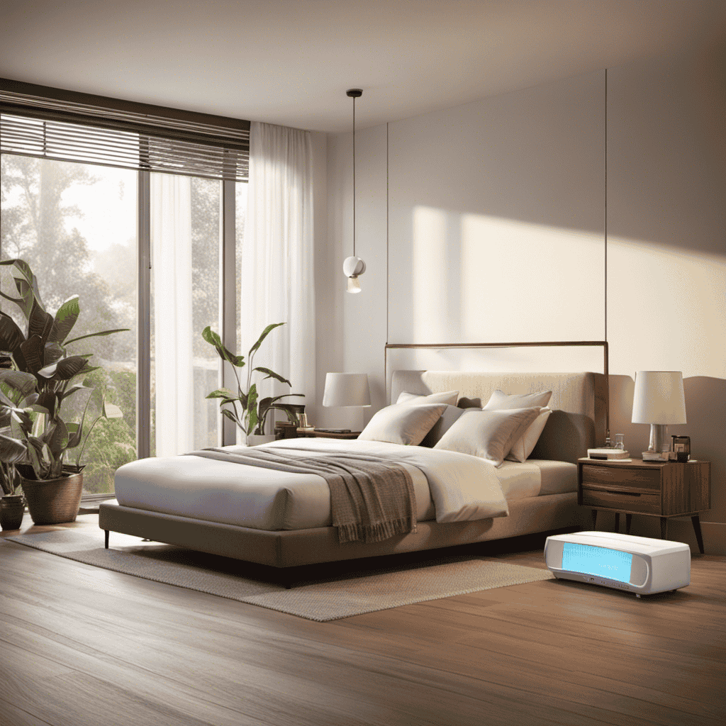An image showcasing a serene bedroom scene with an air purifier placed near a bed