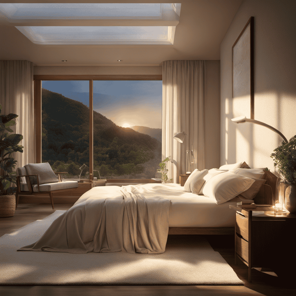 An image that showcases a serene bedroom setting with a person peacefully sleeping, surrounded by clean, purified air
