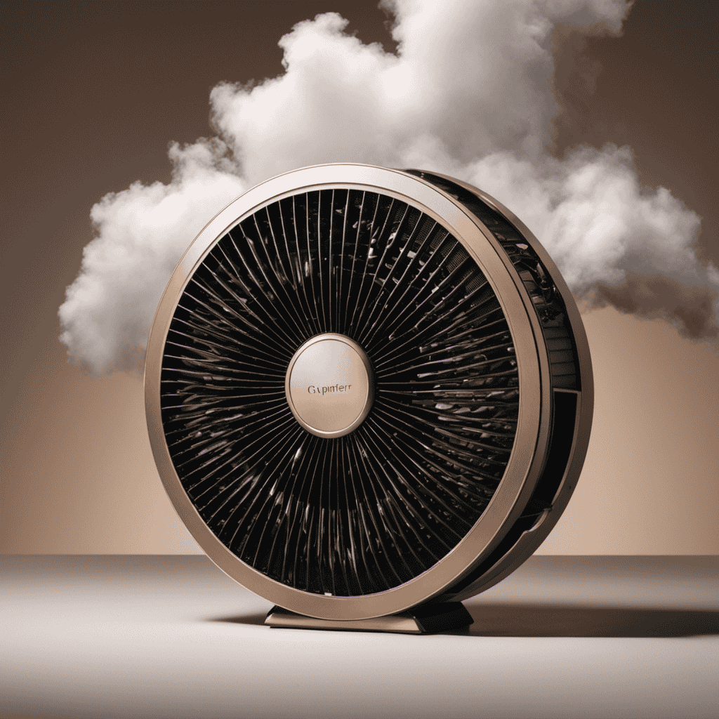 An image depicting an air purifier with a brand new filter, surrounded by a dense cloud of airborne pollutants