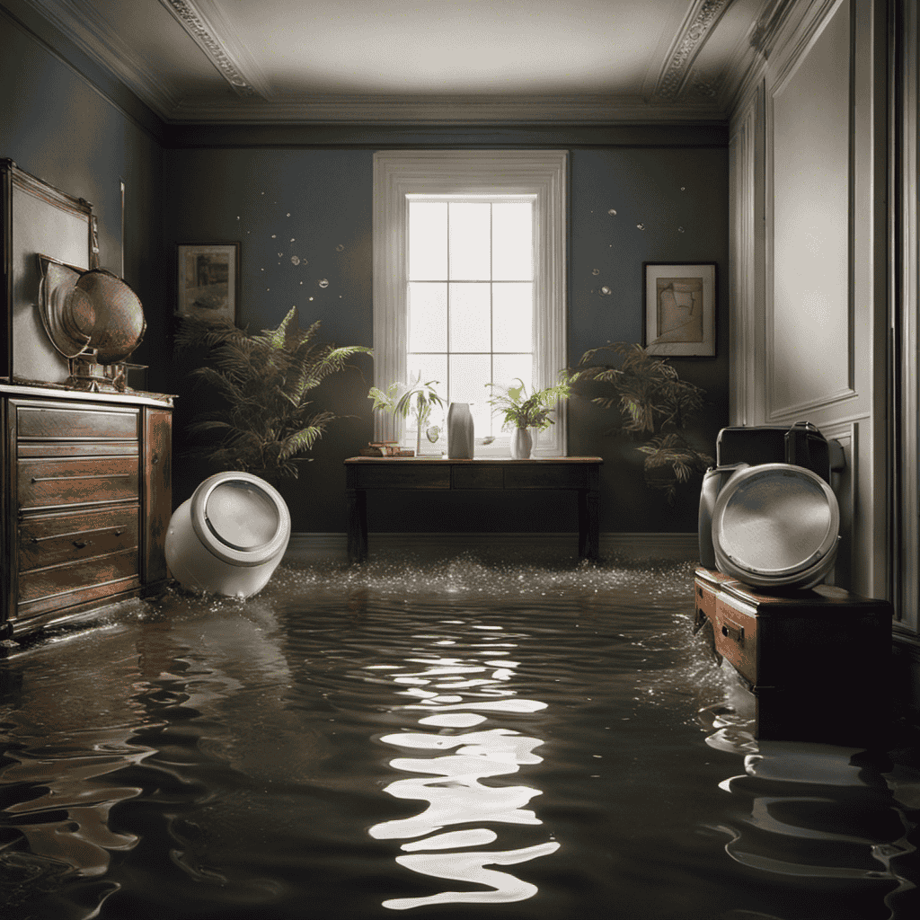 An image showcasing a flooded room with water damage, where an air purifier stands prominently amidst the chaos
