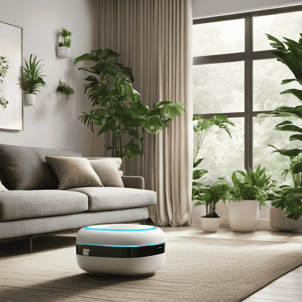 An image showcasing a living room with an air purifier strategically placed near a window, filtering out pollutants, while green plants thrive nearby, symbolizing the importance of optimal air purifier placement for healthy indoor environments