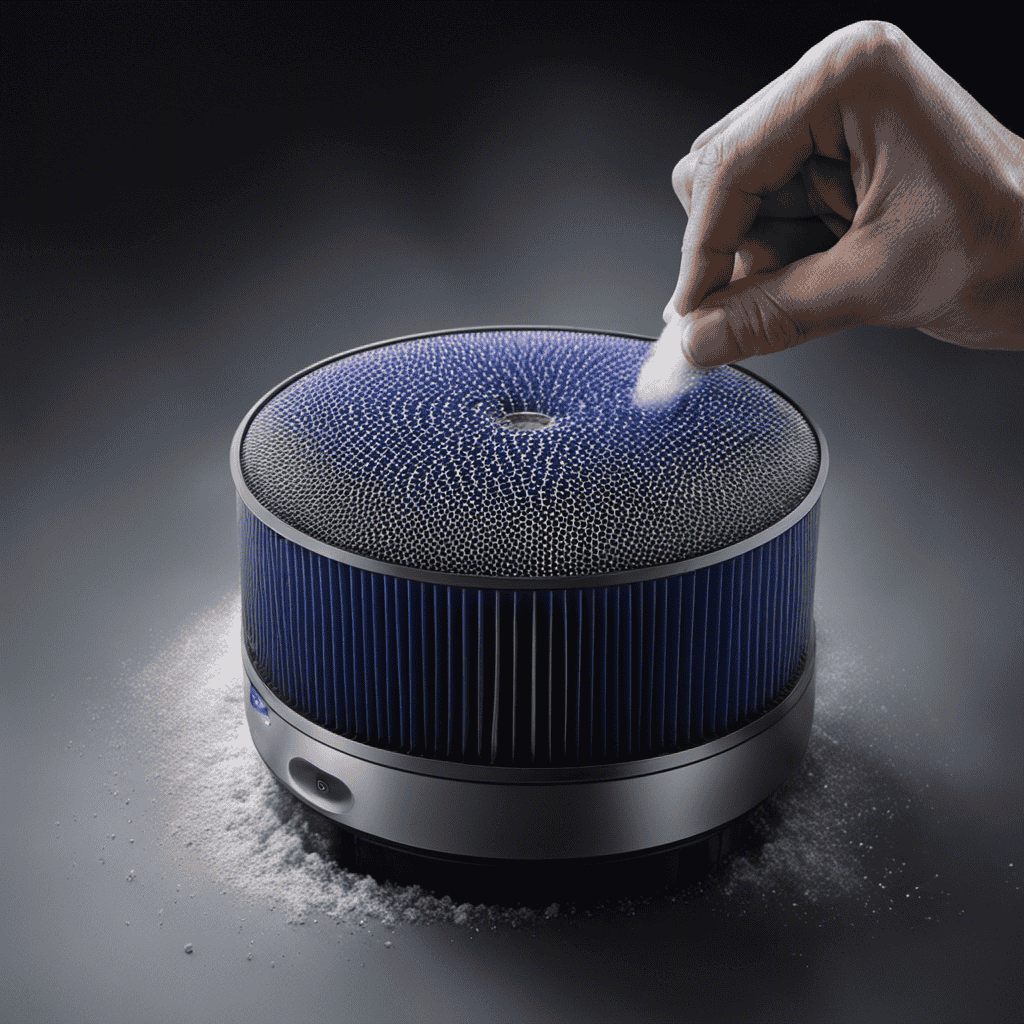 An image showcasing a close-up of a Dyson air purifier's filter being carefully removed, with dust particles visibly trapped on the surface