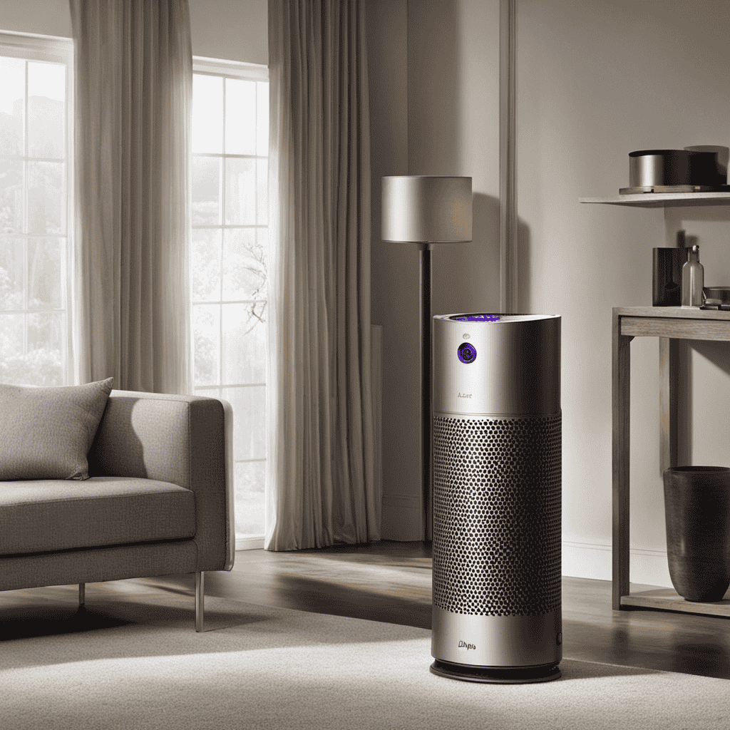 An image showcasing a person effortlessly adjusting the Dyson Air Purifier's settings with intuitive touch controls, as the device silently but effectively purifies the air in a well-lit, serene living room