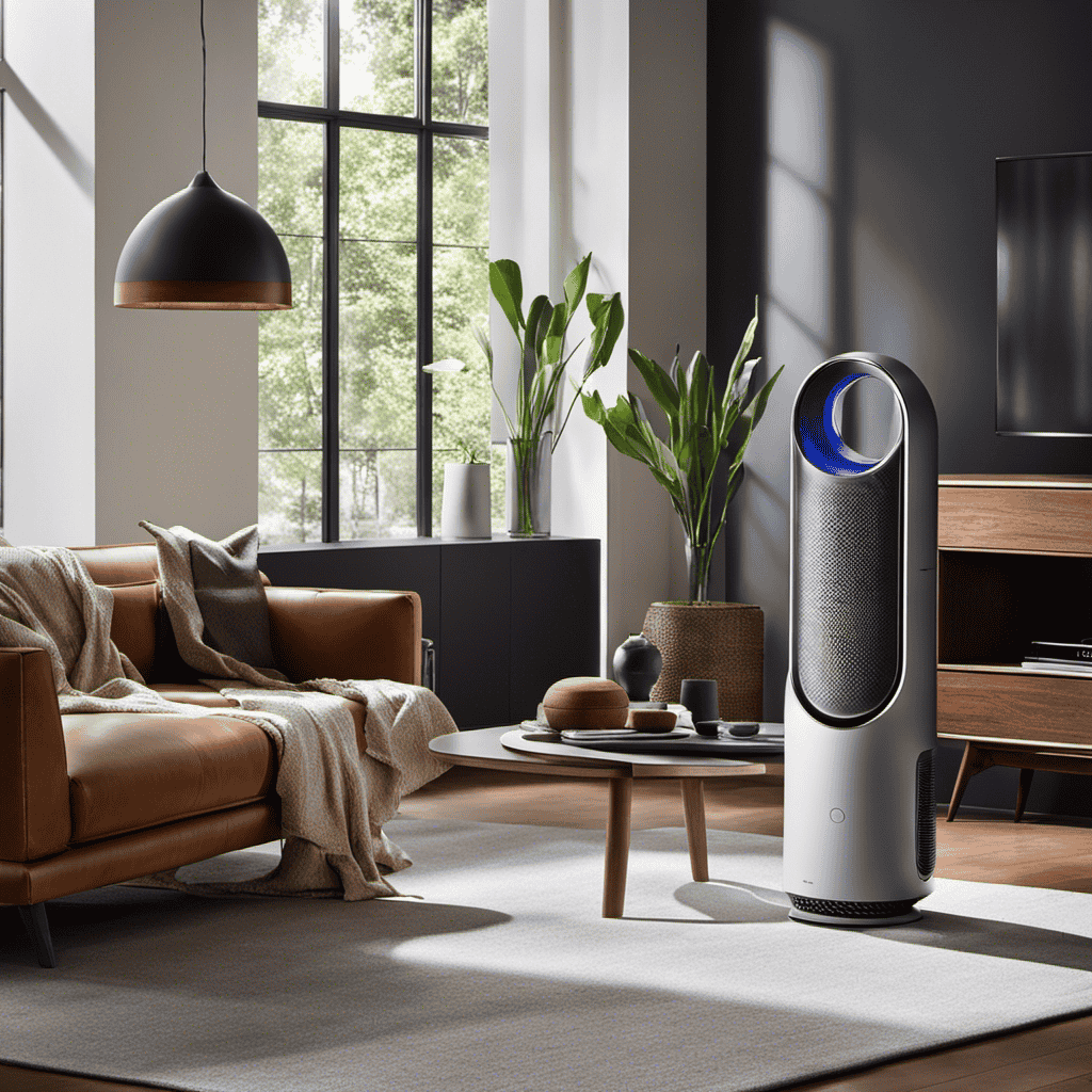 An image showcasing the Dyson Pure Hot + Cool Link Air Purifier in a modern living room, with a person effortlessly adjusting the temperature, purifying the air, and controlling the device using sleek touch controls