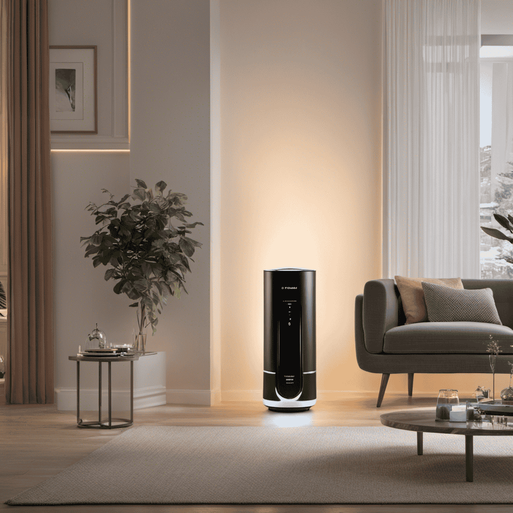 An image showcasing a serene living room with soft ambient lighting, where the Brondell O2+ Source Air Purifier hums quietly in the background