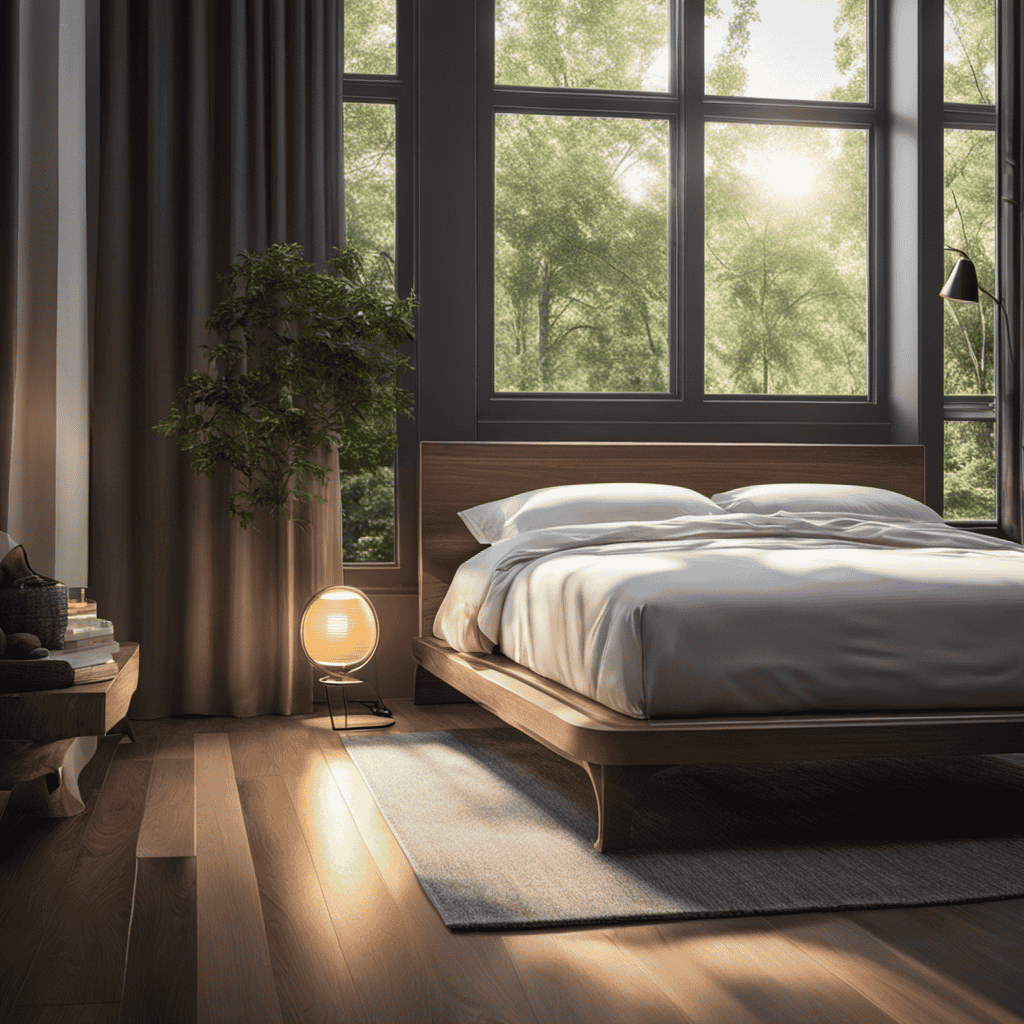 An image showcasing a serene bedroom scene with an air purifier subtly positioned beside a bed