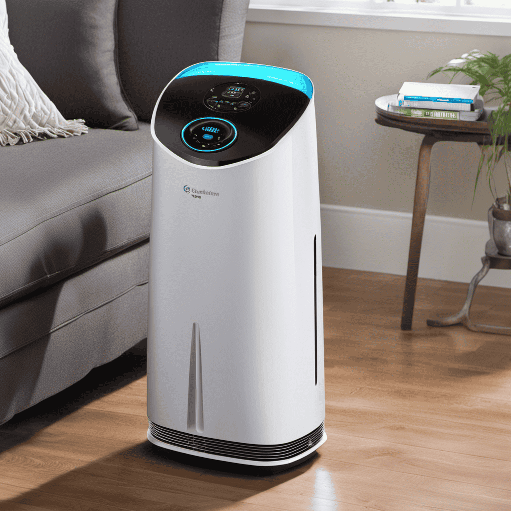An image showcasing a Germ Guardian 4 in 1 Large Room Air Purifier in action, emphasizing its UV light technology