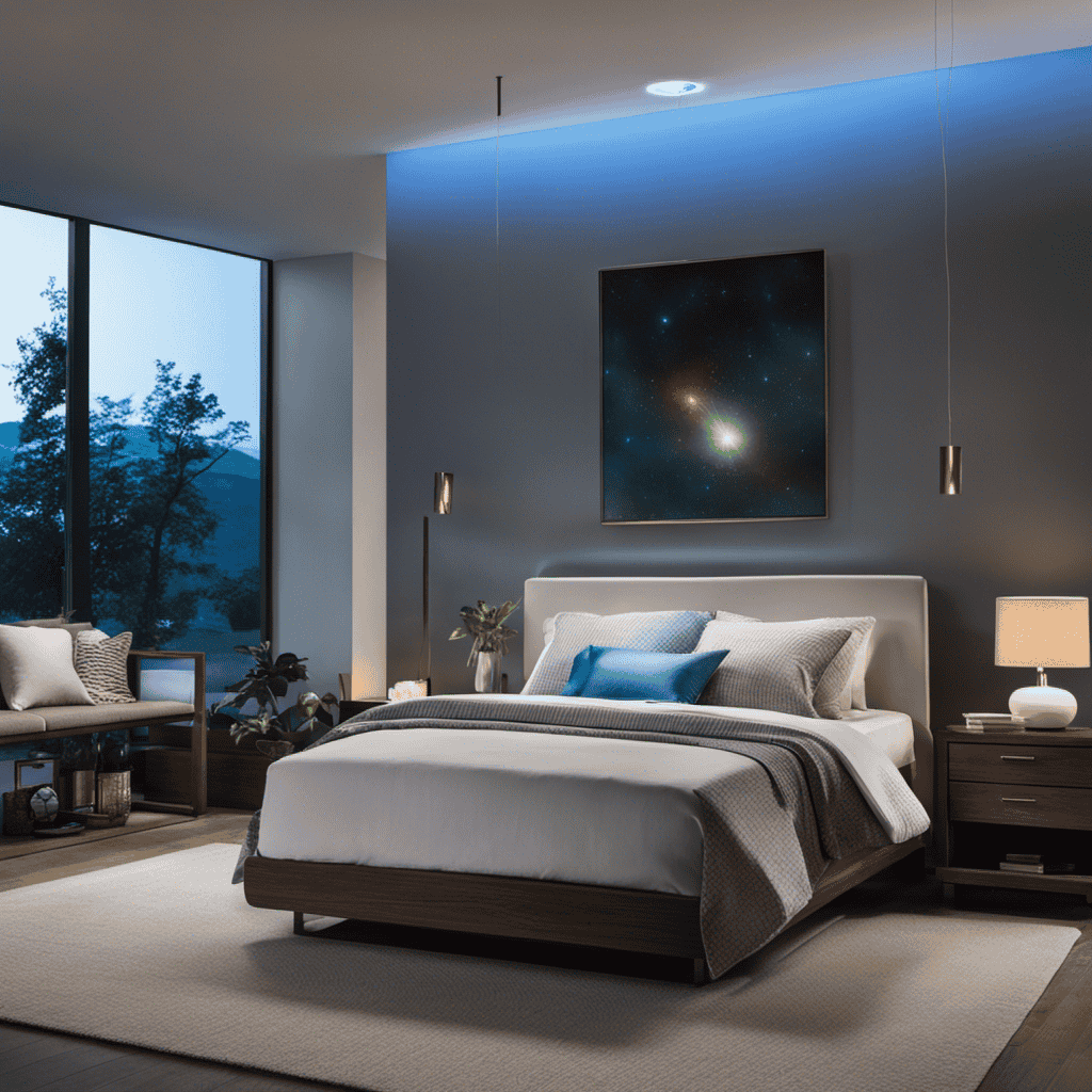 An image showcasing a serene bedroom at night, with a GermGuardian air purifier emitting a soft blue light