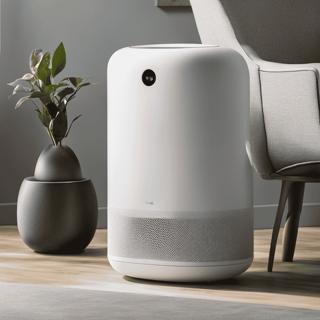 An image showcasing a sleek, modern air purifier designed by Google
