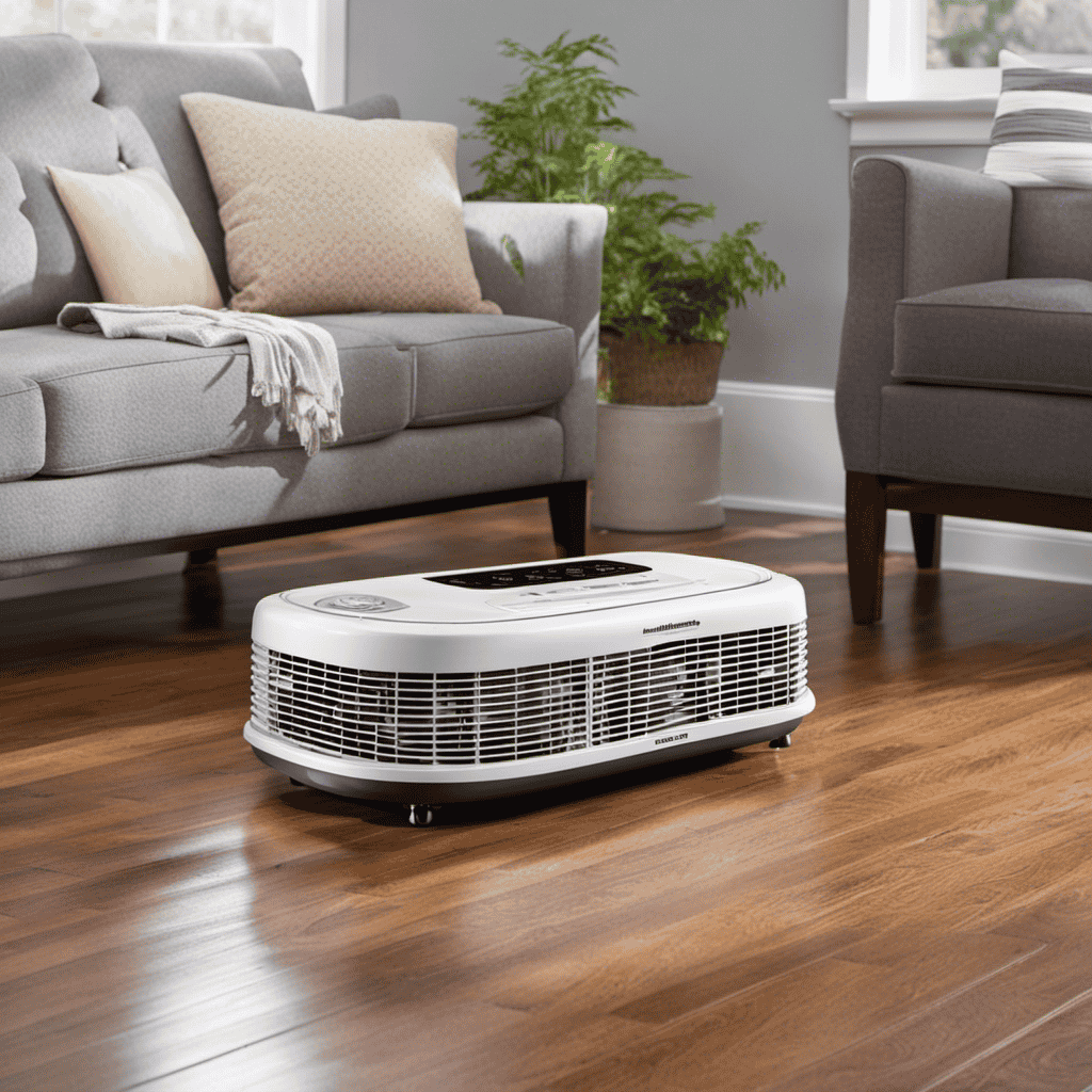 An image featuring the Hamilton Beach Trueair Compact Pet Air Purifier with rubber feet securely gripping a wooden floor, showcasing its stability and preventing any unwanted movement