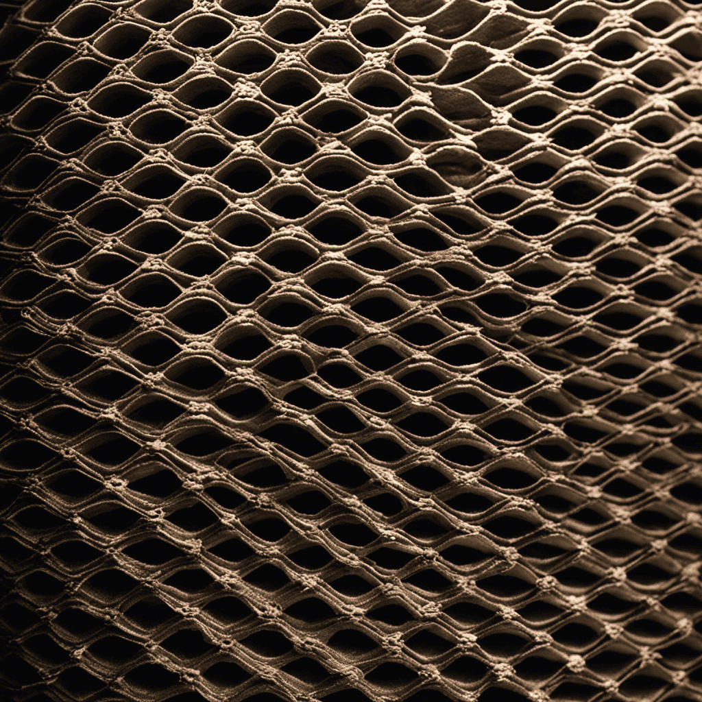 An image showcasing a close-up of a hepa air purifier's filter covered in thick layers of dust and debris, emphasizing the need for regular filter changes