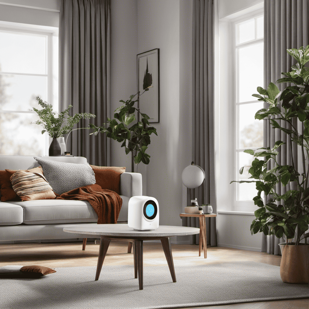An image of a modern living room with a hepa air purifier placed on a side table