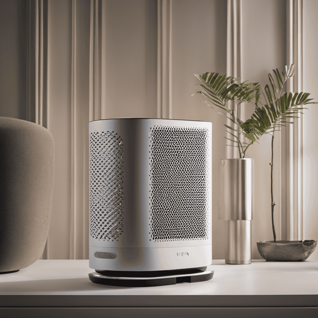 An image showcasing a close-up of a high-performance HEPA-type air purifier, capturing its intricate design, capturing the dual filtration system with activated carbon and HEPA filter, highlighting its sleek and modern aesthetic