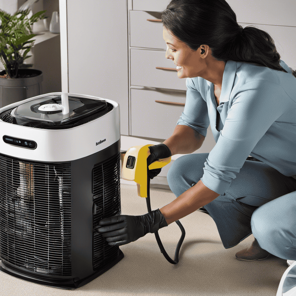 An image showcasing a Holmes Air Purifier: a person wearing gloves gently removing the dusty filter, while another person uses a vacuum cleaner to clean the purifier's exterior