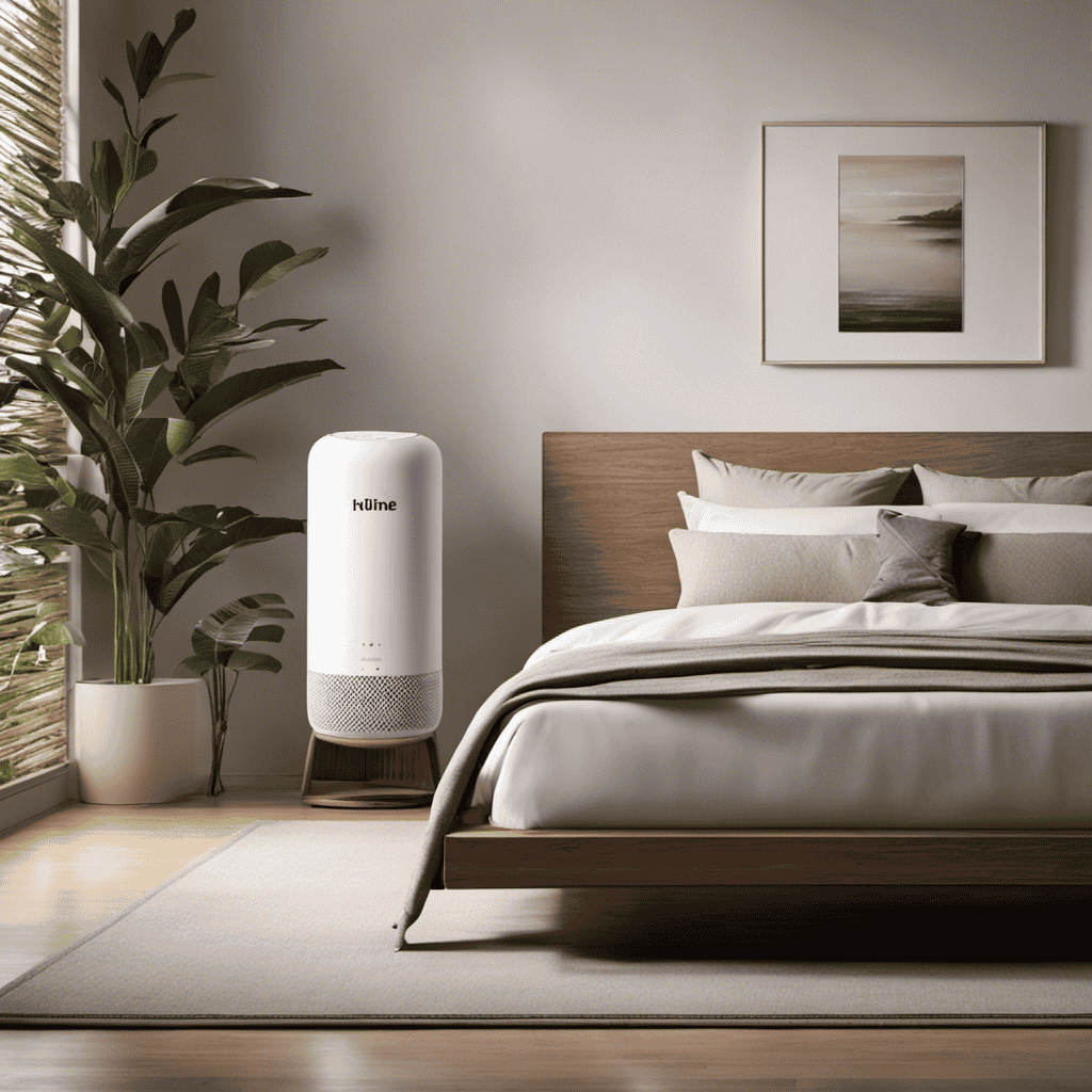 An image showcasing a serene bedroom scene with the Holme Air Purifier quietly eliminating airborne pollutants, capturing and highlighting the pure, refreshing essence it brings to the environment