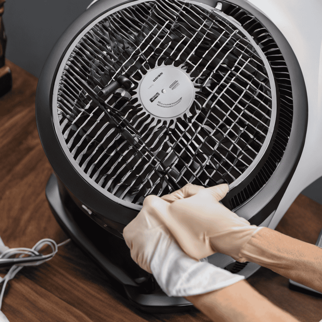 An image of a pair of gloved hands delicately disassembling a Holmes air purifier, revealing a dusty fan