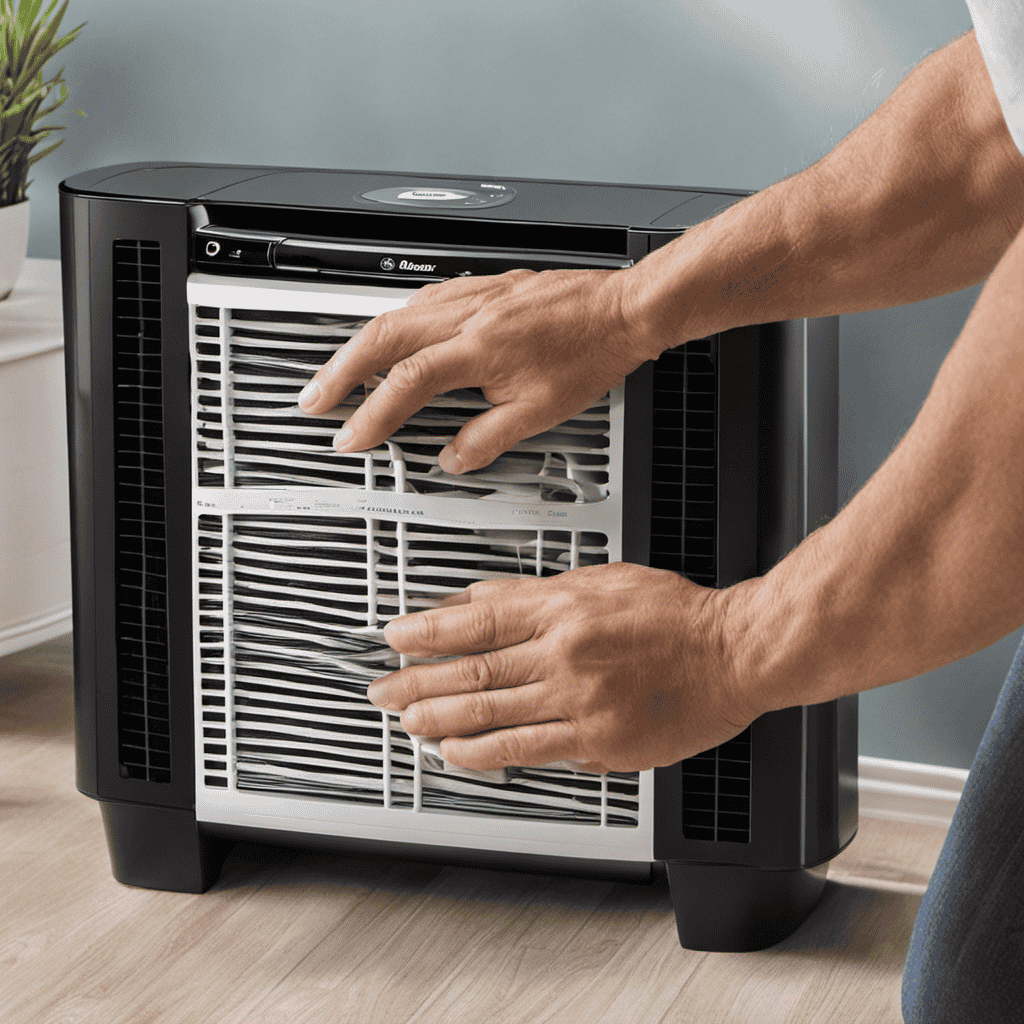 An image showcasing a pair of hands delicately removing a Holmes Air Purifier filter, gently wiping away accumulated dust and debris, and then placing it back into the purifier with a satisfying click