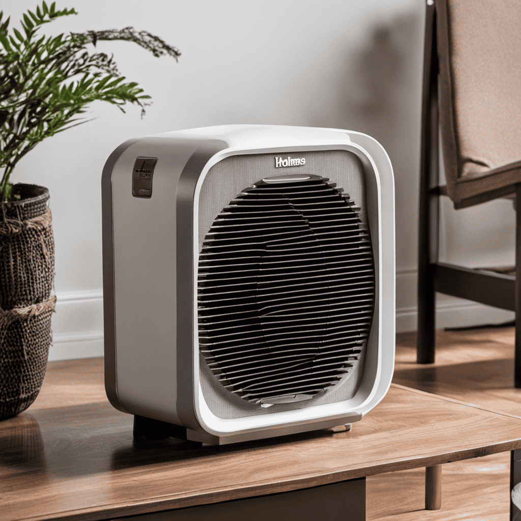 An image showcasing a close-up of a Holmes Air Purifier, with a person's hands carefully removing the filter