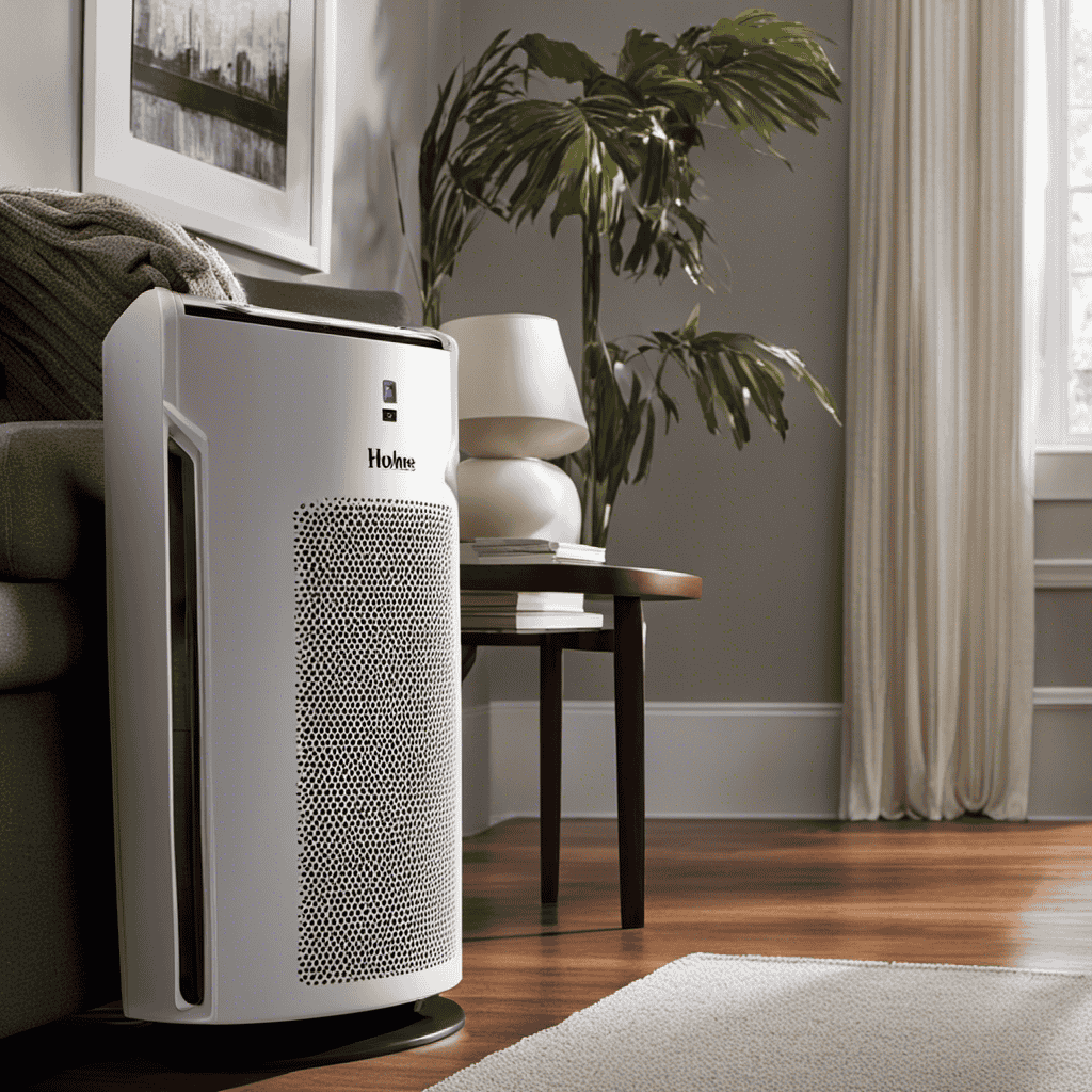 An image showcasing a Holmes Air Purifier, positioned in a living room corner