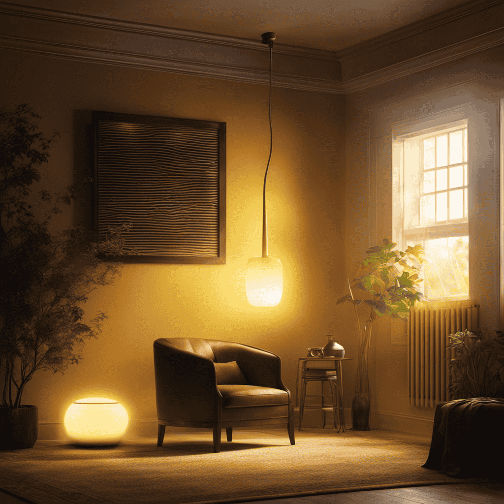An image depicting a dimly-lit room with a Holmes air purifier in the corner, its yellow light glowing softly