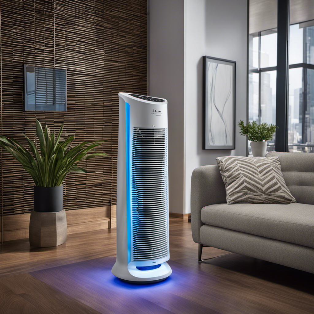 An image showcasing the sleek and modern design of the Holmes Group Hap3000uv-Tu Tower Air Purifier, Mini Which Filter