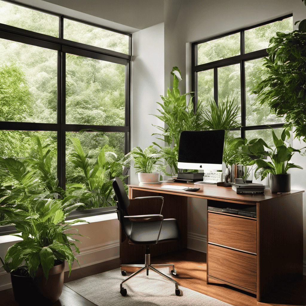 An image showcasing a well-lit room with a Holmes Hepa Desktop Air Purifier placed on a clutter-free desk, surrounded by lush green plants, near an open window, with subtle sunlight streaming in