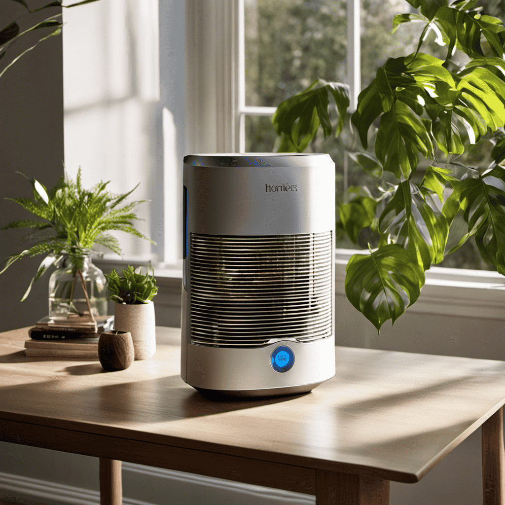 An image showcasing a well-lit room where a Homedics Air Purifier is placed on a tabletop near a window